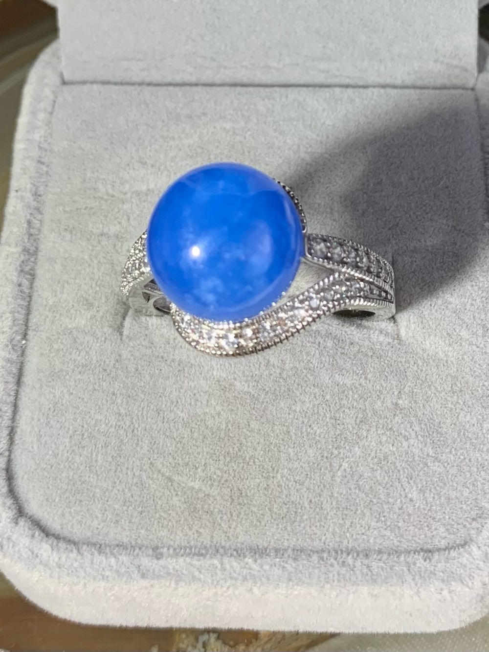 Sterling Silver Blue Agate Cabochon Statement Ring with CZ's .size 10